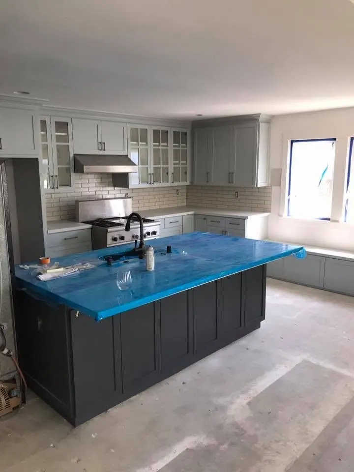 Kitchen island being prepped during a whole-kitchen refinishing project in El Cajon, CA